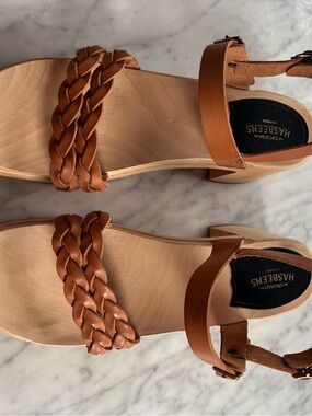 Swedish Hasbeens Tan Braided Leather Ankle-Strap Sandals